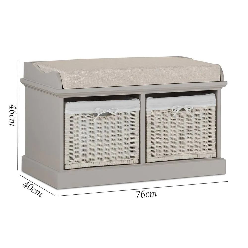 Statement Furniture Tetbury Bench with 2 White Wicker Baskets & Cream Cushion in Taupe 2