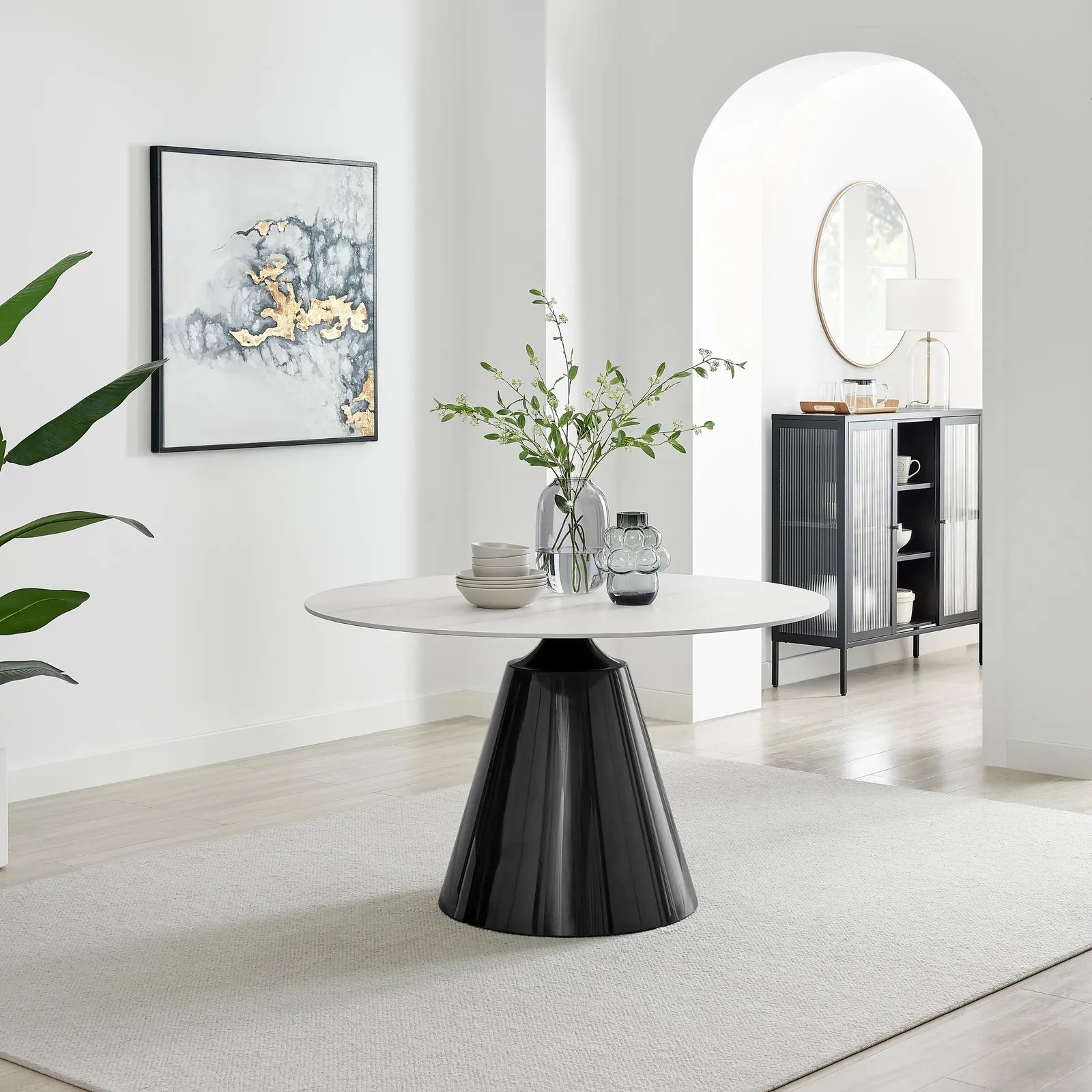 FurnitureboxUK Nina White Marble Effect Round Ceramic Dining Table in Off-White