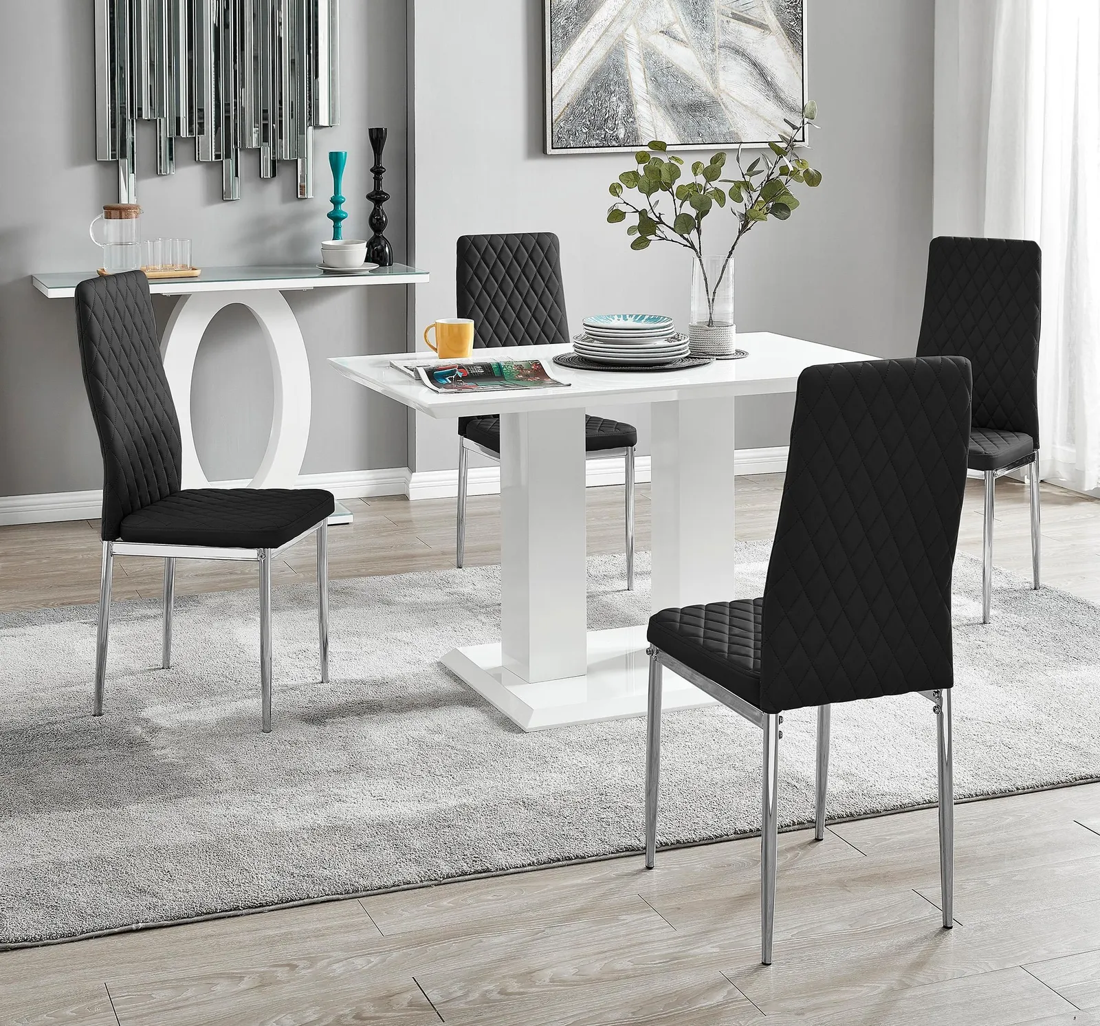 FurnitureboxUK Imperia 4 Seater Modern White High Gloss Rectangular Dining Table & 4 Milan Faux Leather Chairs in Black 1