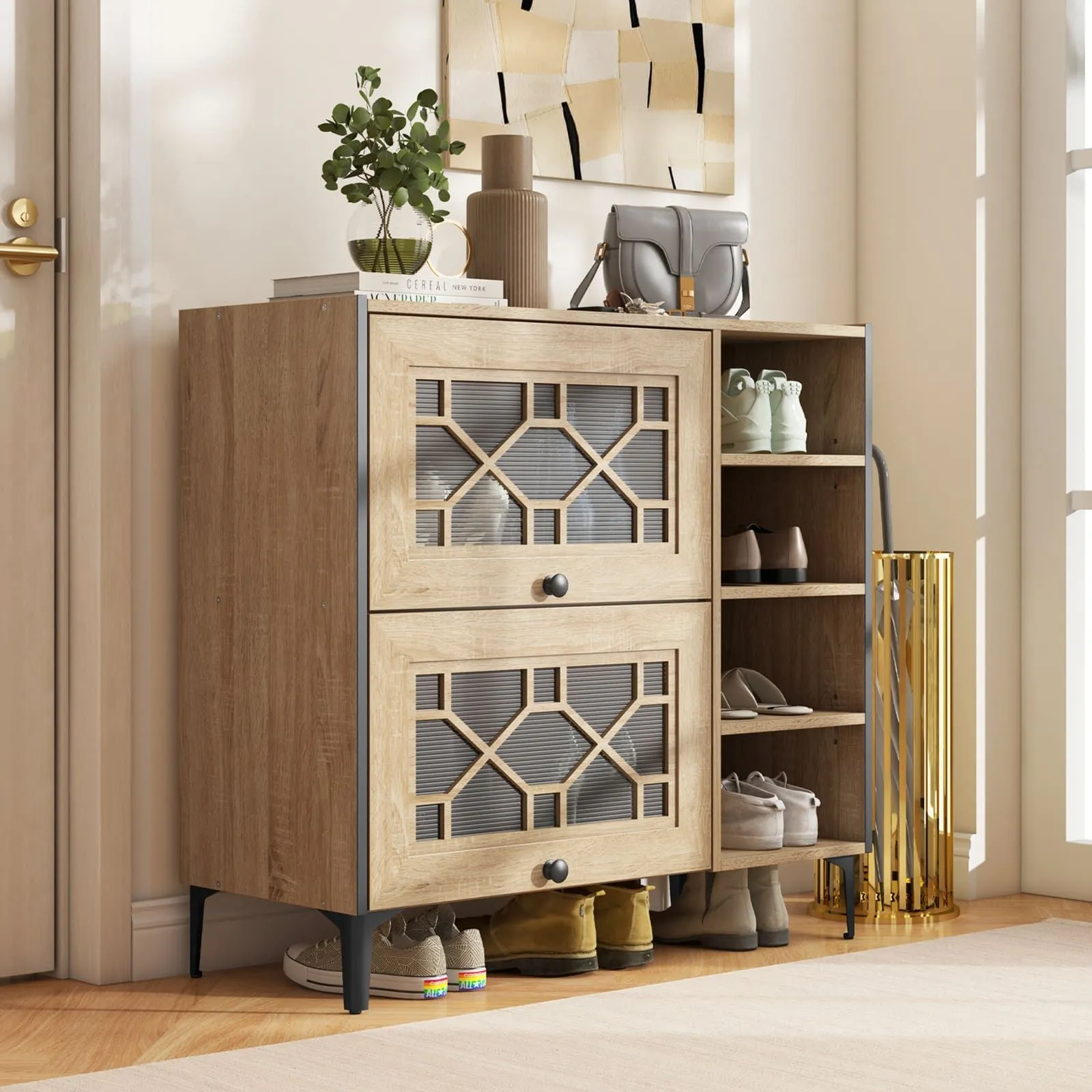 Costway Shoe Storage Cabinet Freestanding Shoe Organizer w/ Flip Doors-Oak in Light Oak 5