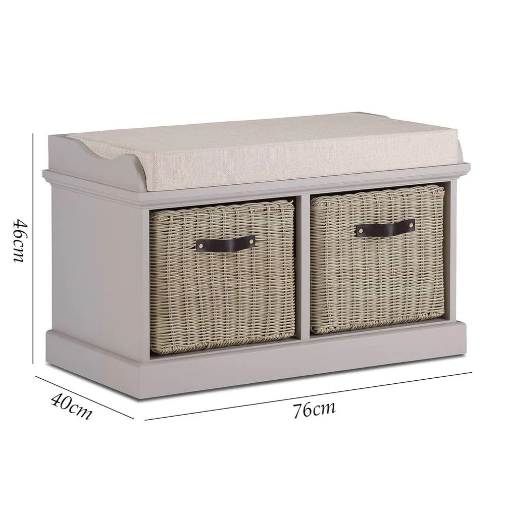Statement Furniture Tetbury Bench with 2 Brown Faux Rattan Baskets & Cream Cushion in Taupe 2
