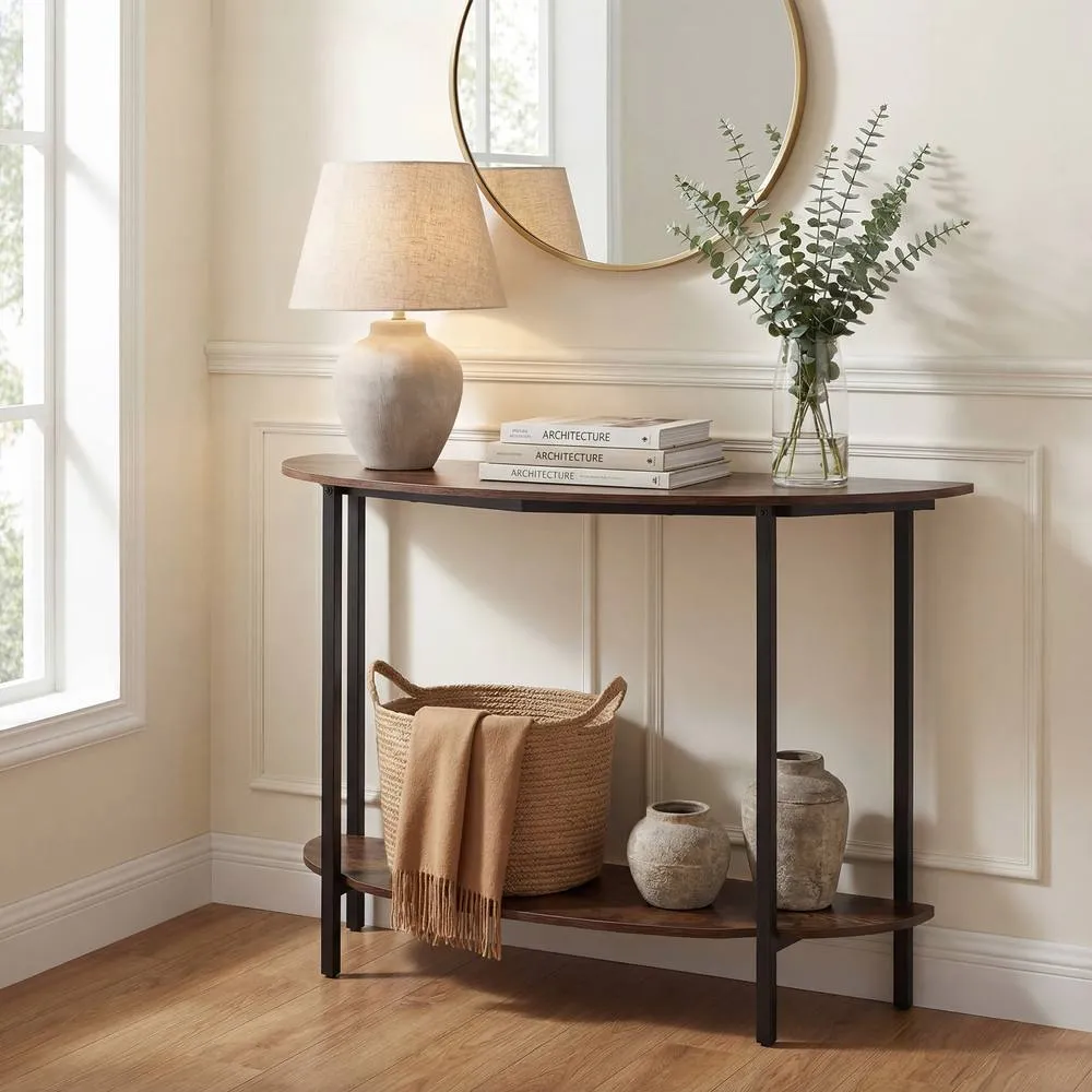 Costway Half-moon Console Table, 2-Tier Industrial Sofa Couch Table in Brown 5