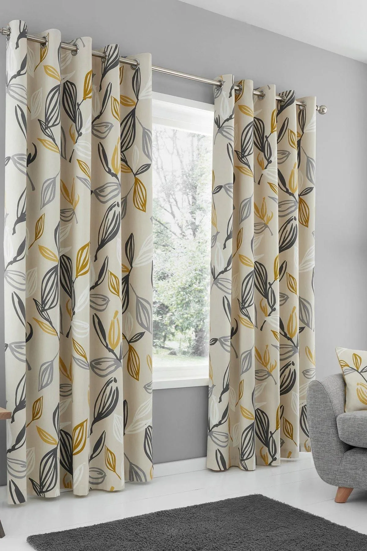 Fusion 'Ensley' 100% Cotton Botanical Print Pair of Eyelet Curtains in Mustard