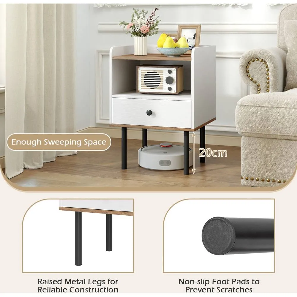 Costway 2 Pcs Nightstand Bedside Table with Drawer & Open Storage Shelf-White in White 3