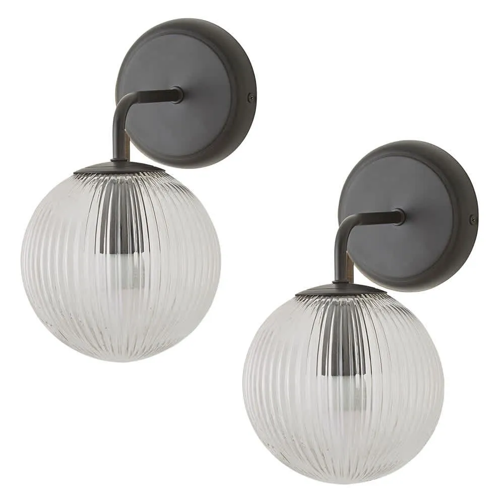 ValueLights Kempton Pair of Ribbed Glass Globe Shade Single Arm Wall Lights in Black