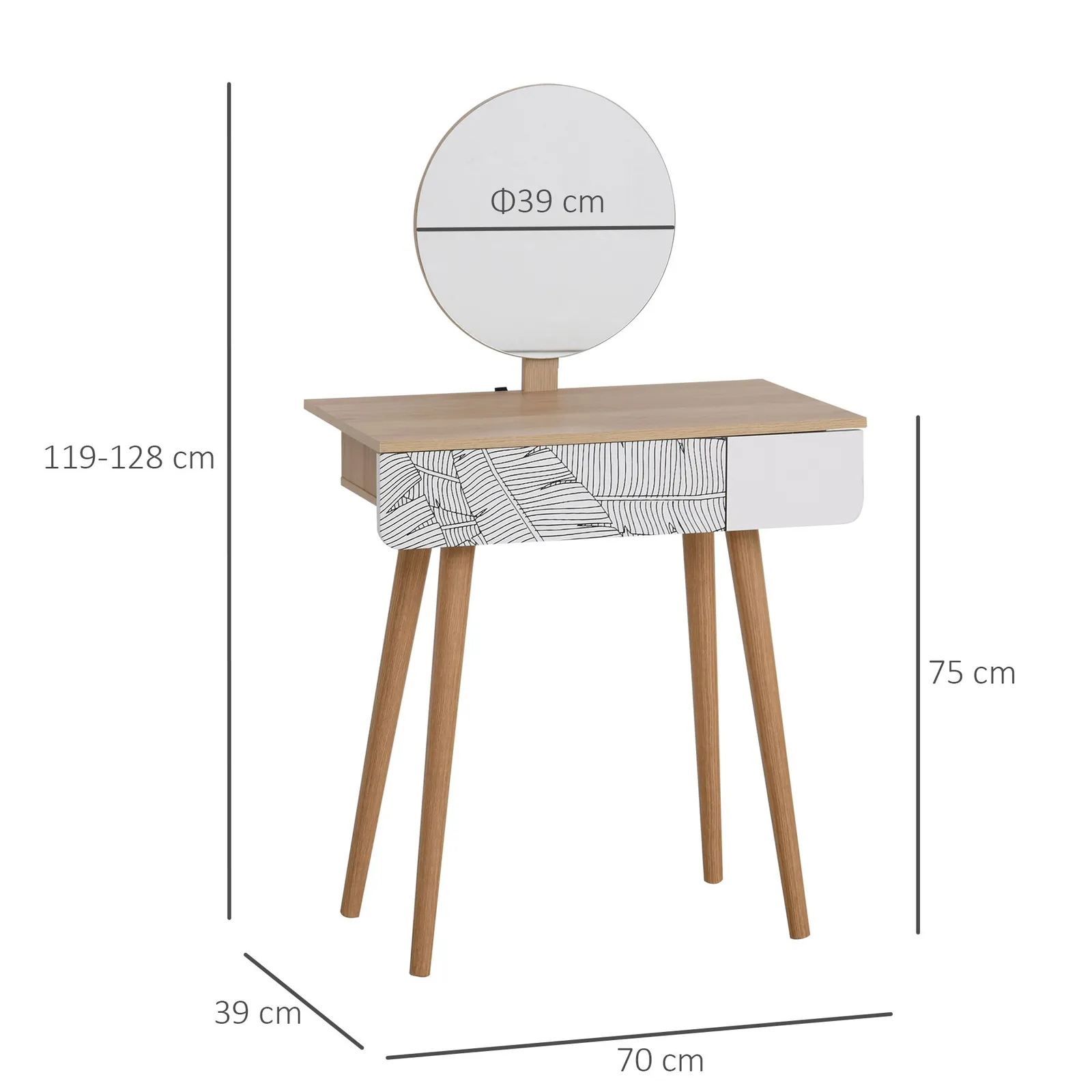 HOMCOM Wooden Compact Dressing Table Drawer Mirror 4 Legs Table Top Bedroom in Light Brown 3