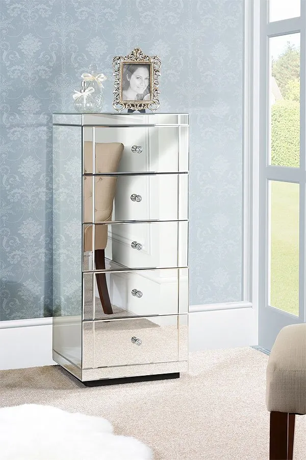 JULIANNA Mirrored Tallboy Chest with 5 Drawers and Plinth