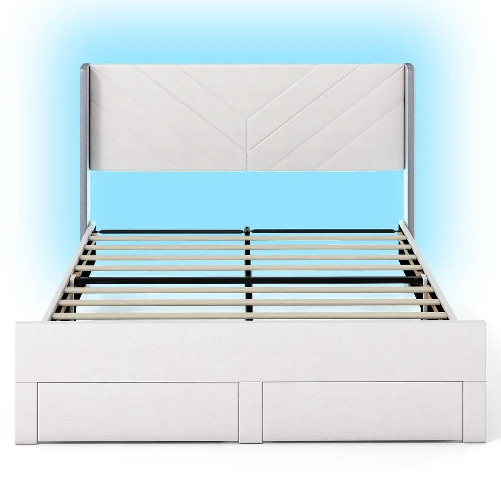Costway King Size Bed Frame w/LED Lights Dutch Velvet Upholstered Platform Bed in Beige 2