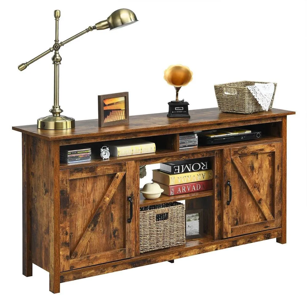 Costway Industrial TV Stand for TVs up to 65" Fireplace TV Stand Entertainment Center in Brown 6