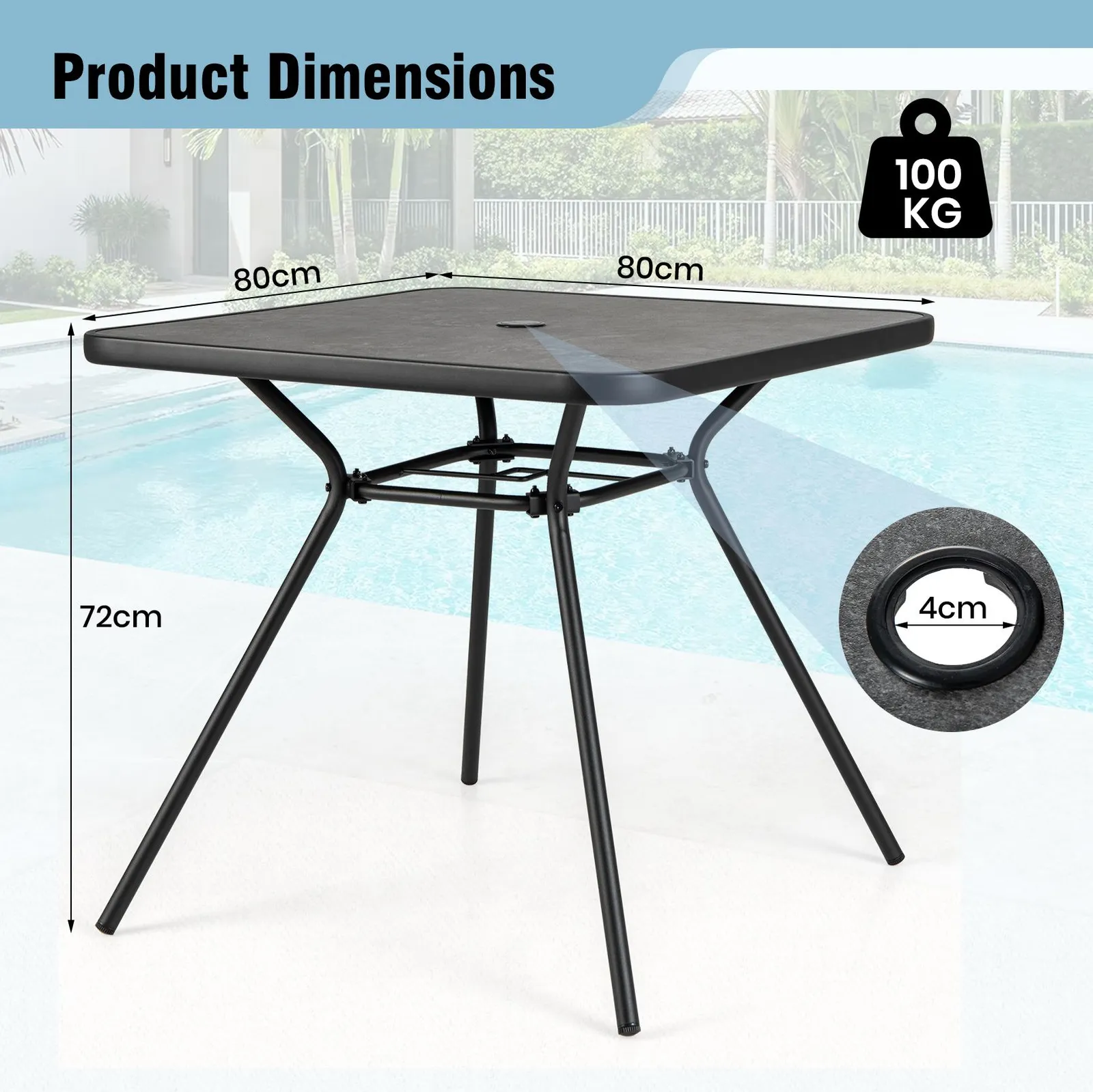 Costway Patio Dining Table 80cm Square Outdoor Table w/ 4CM Umbrella Hole in Black 2