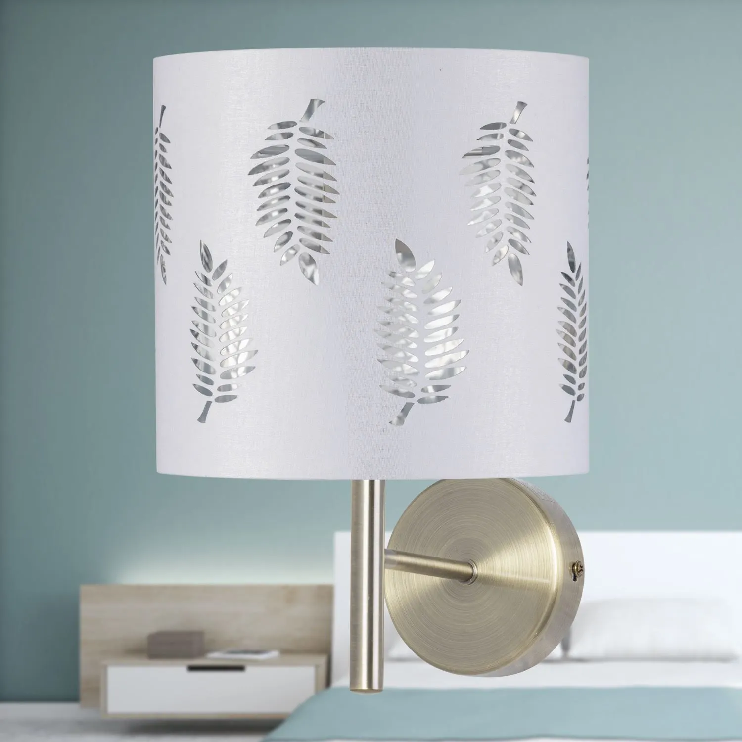 First Choice Lighting Set of 2 Brea - Antique Brass Wall Lights with White Fern Shades in Gold 4