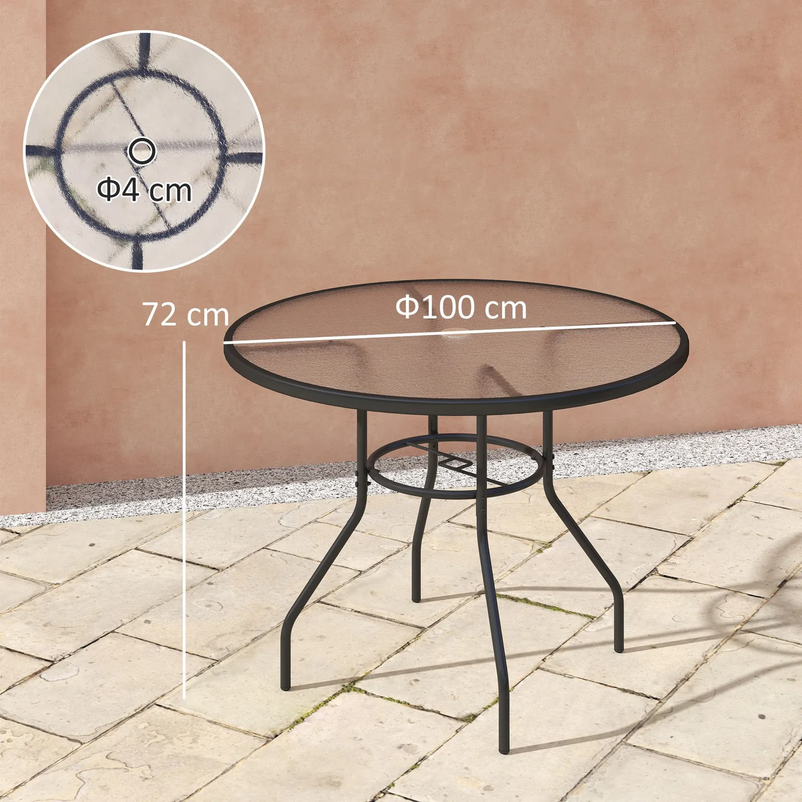 OUTSUNNY Outdoor Round Dining Table Tempered Glass Top w/ Parasol Hole 100cm in Black 3