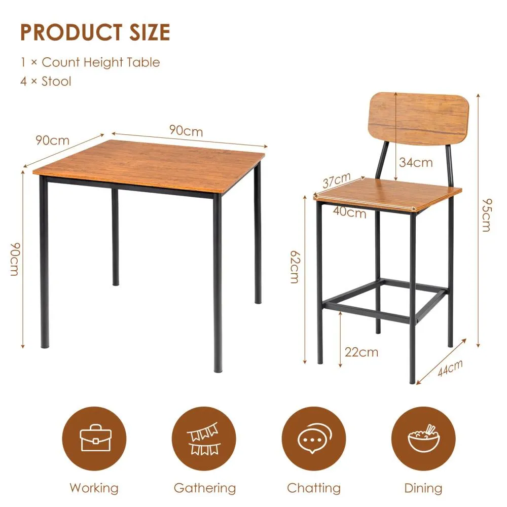 Costway 5PCS Industrial Dining Table Set Kitchen Bar Counter Height Table & 4 Stools in Brown 2