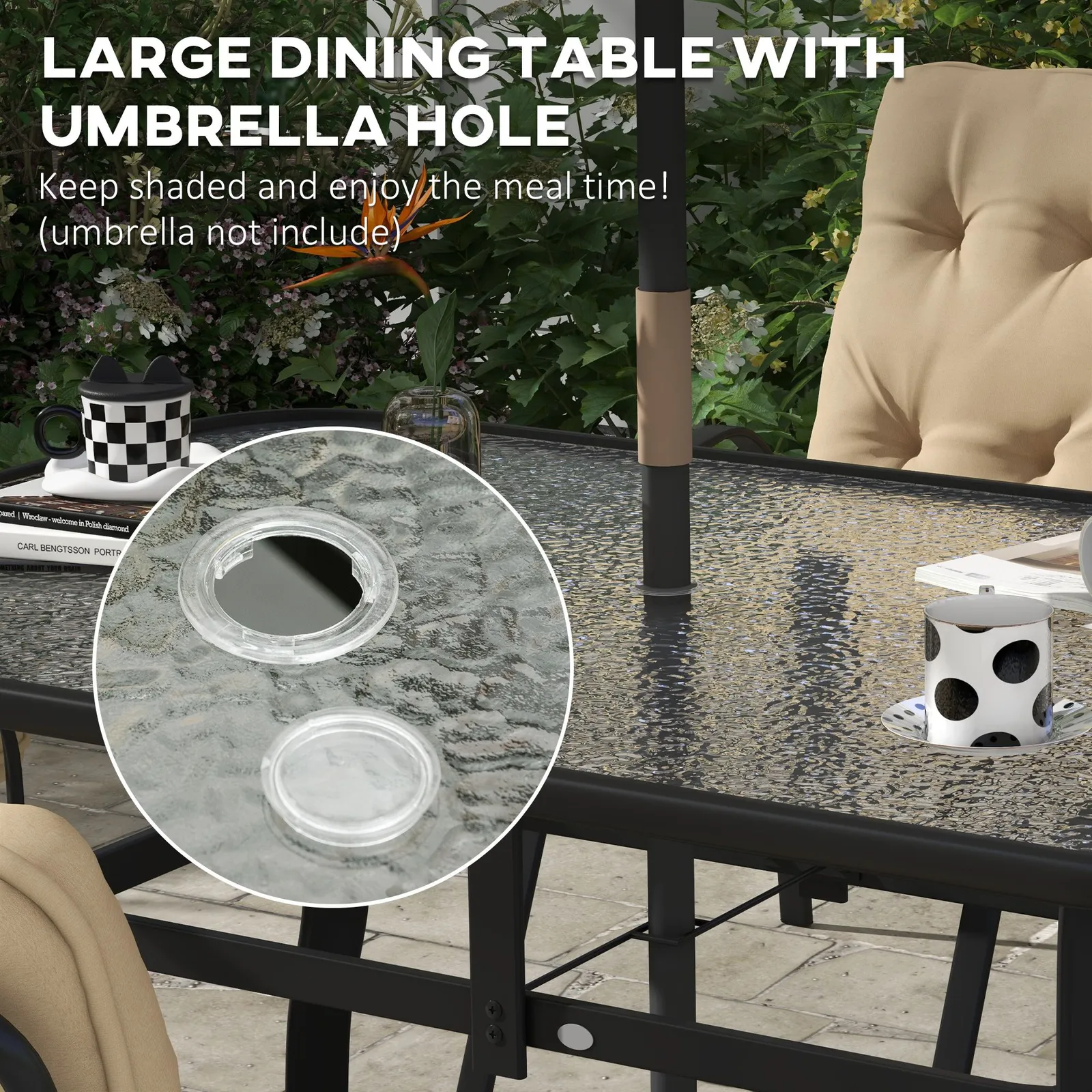 OUTSUNNY 7 PCs Garden Dining Set w/ Umbrella Hole & Cushion in Beige 4
