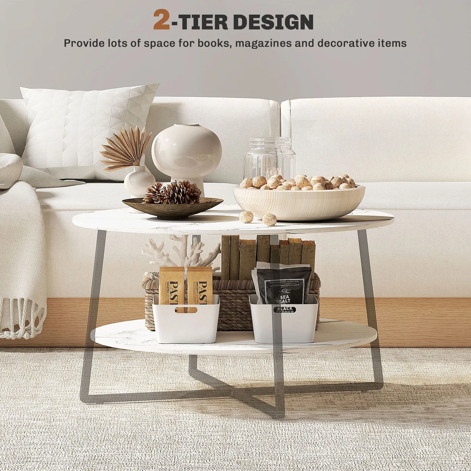 HOMCOM Round Coffee Table with Storage Shelf & Marble Effect Top, White 4