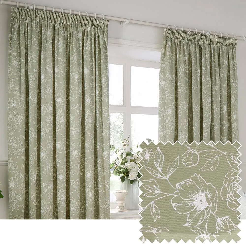 Wylder Bella Floral 100% Cotton Pencil Pleat Curtain Pair in Green 1