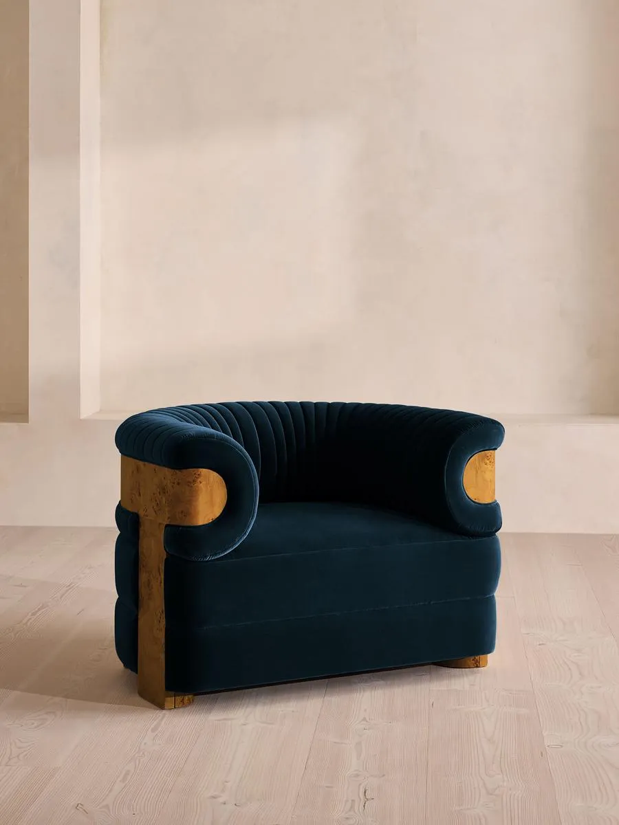 Caleb Armchair, Dark Burl, Velvet, Royal Blue