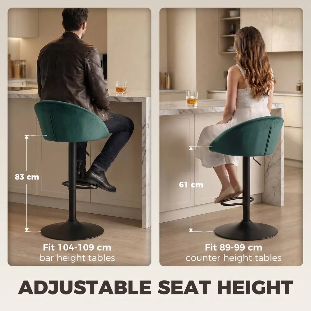 HOMCOM Bar Stools Set of 2 Velvet Adjustable Swivel in Dark Green 6