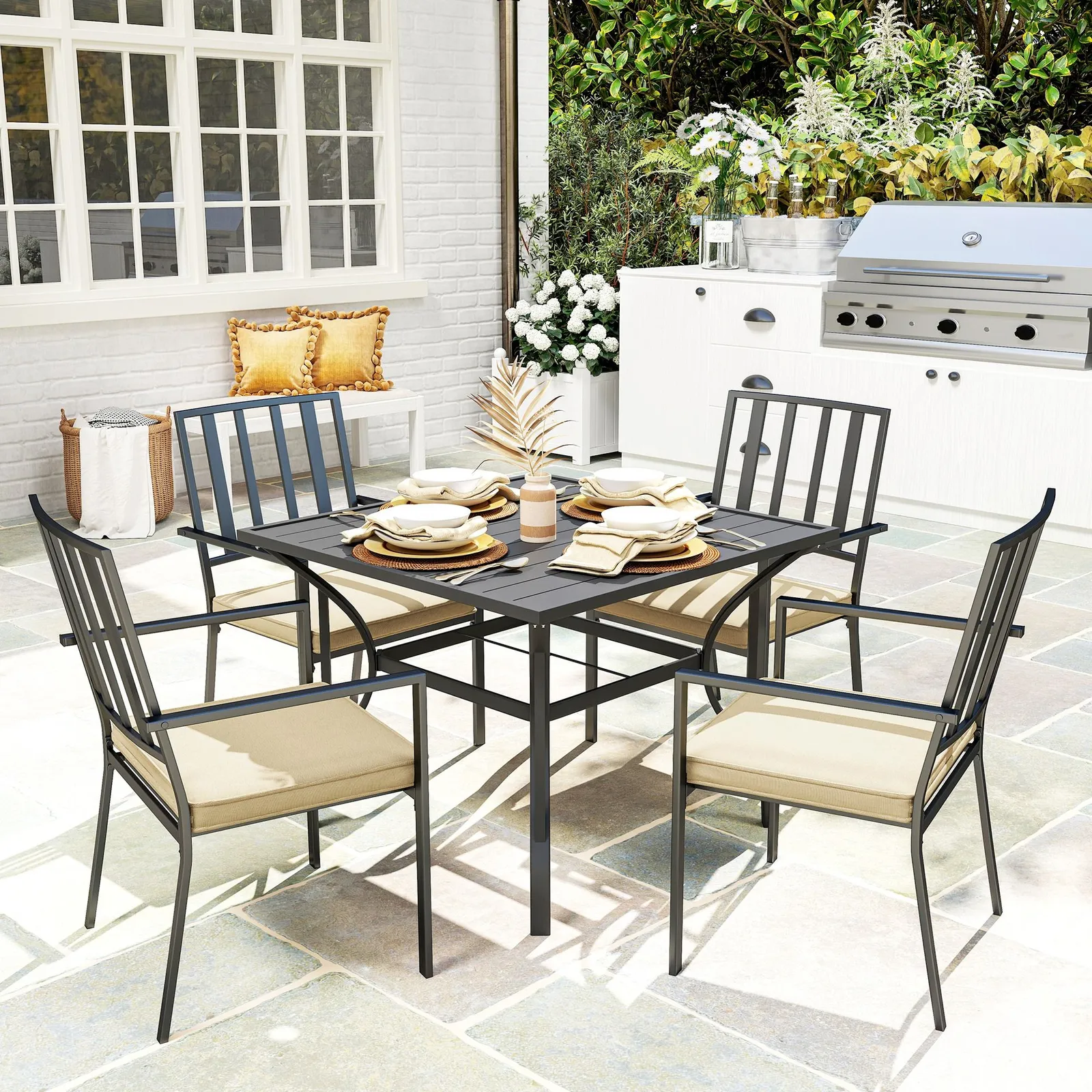 OUTSUNNY Garden Dining Set w/ 4 Stackable Cushioned Chairs & Metal Top Table in Black