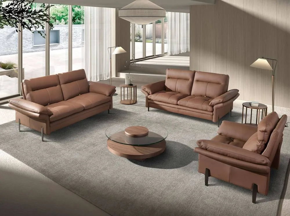 Angel Cerda Round Tempered Glass Coffee Table Walnut Veneer Legs in Brown 6
