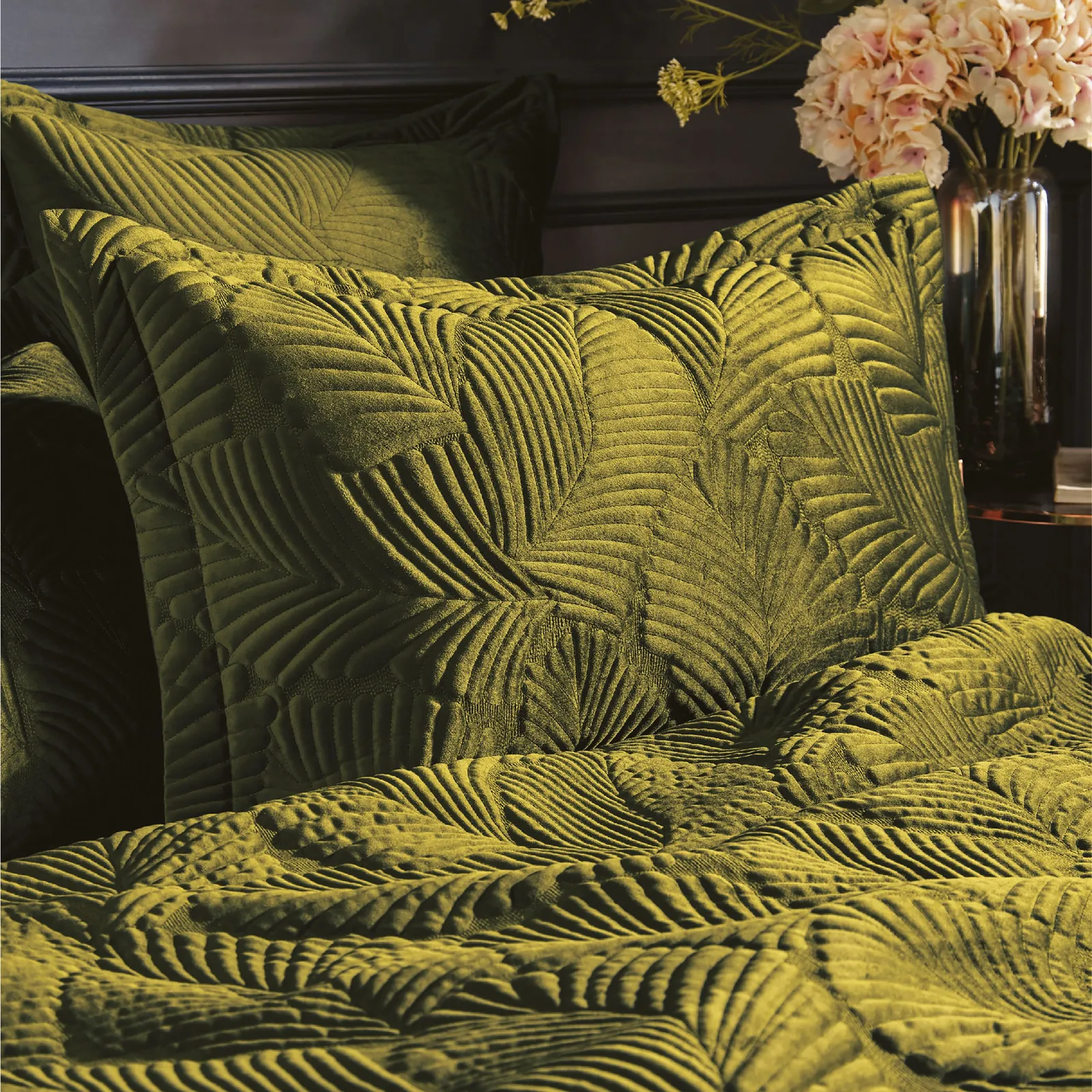 Paoletti Palmeria Quilted Velvet Duvet Cover Set in Green 2