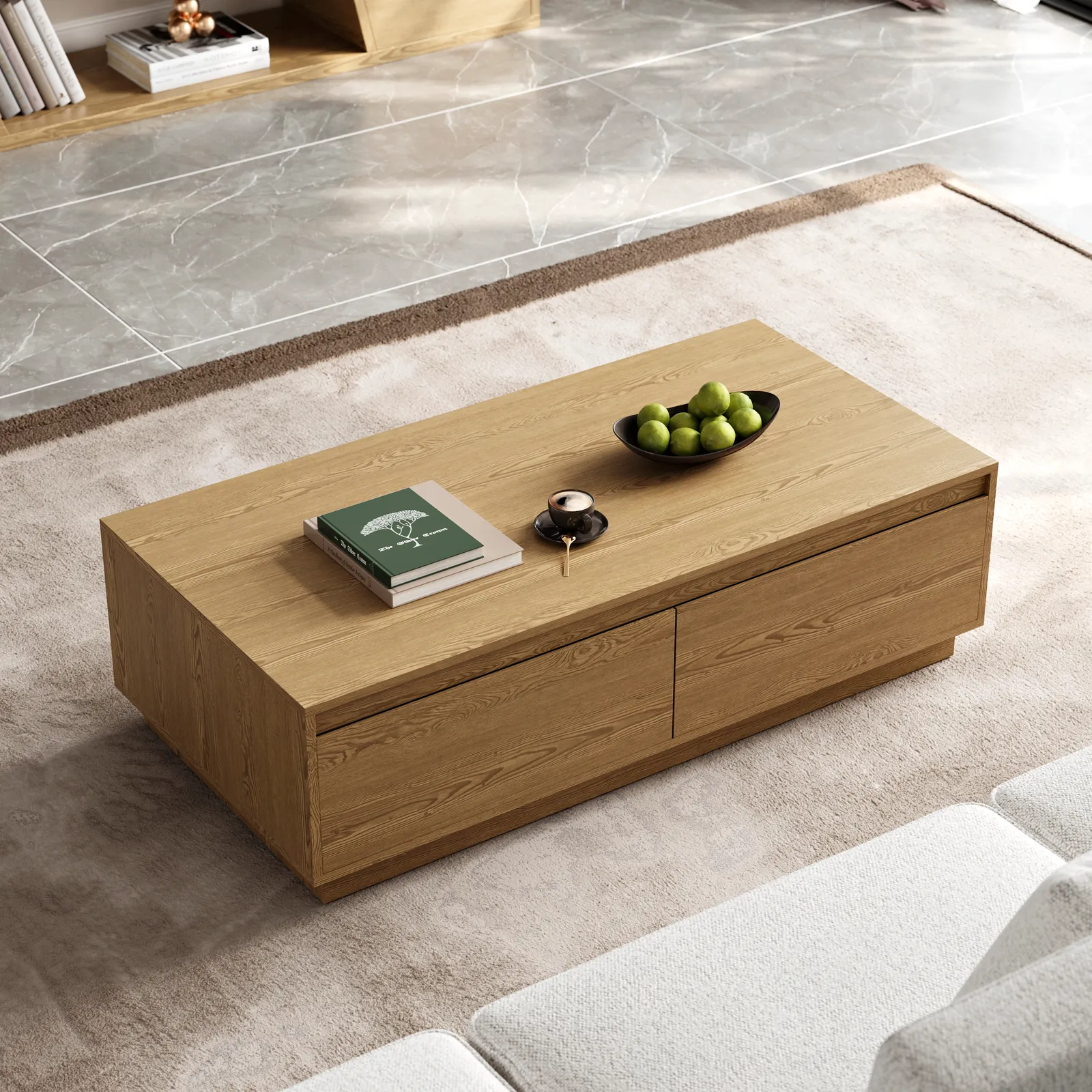 1200mm Mid Century Modern Natural Coffee Table Rectangular Block Living Room Table with Storage