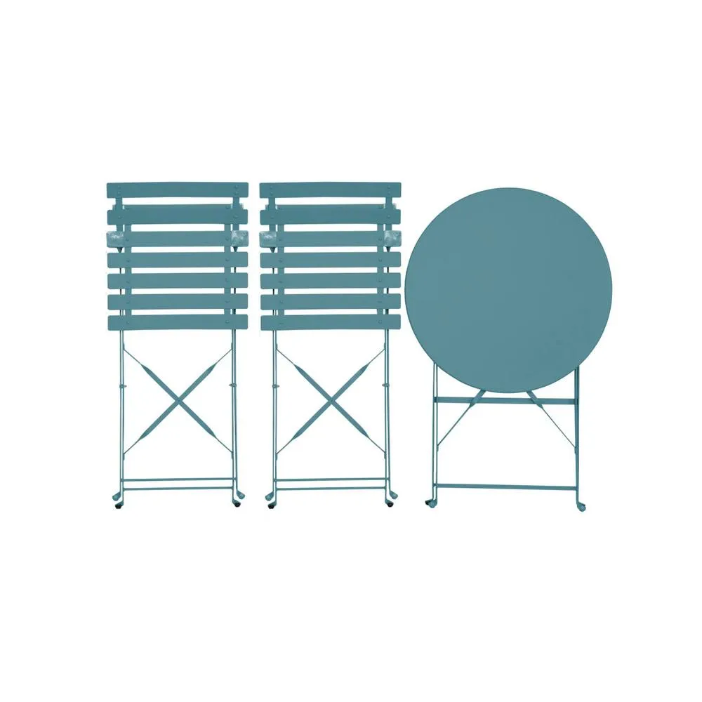 sweeek Round folding metal bistro garden table with 2 chairs in Teal 5