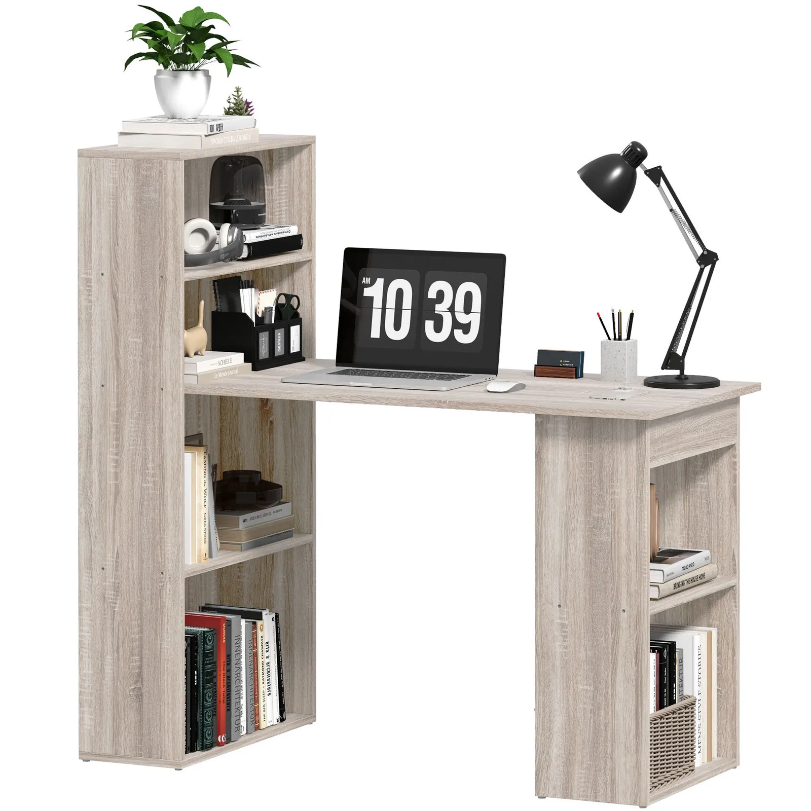 HOMCOM 120cm Computer Desk Bookshelf Writing Table 6 Shelves Grey 2