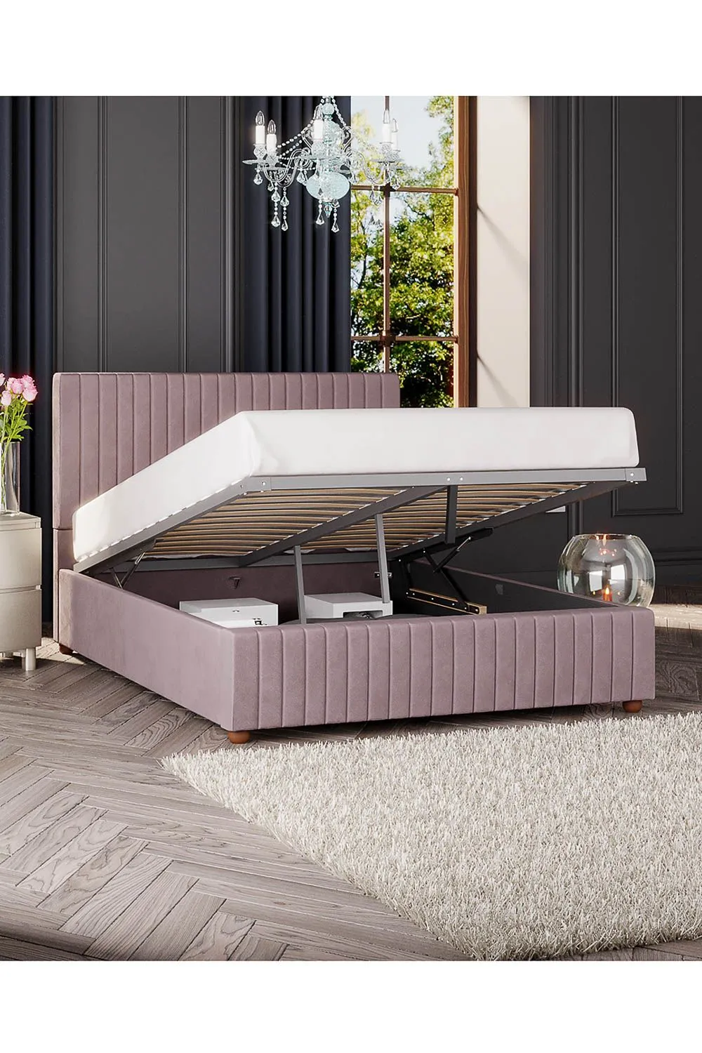 Laurence Llewelyn-Bowen Estella Ottoman Storage Bed in Plush Velvet Fabric, Custom Made in Rose 3