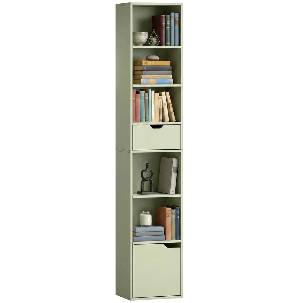 HOMCOM Narrow Bookshelf with Drawer, Tall Bookcase for Living Room, Green 2
