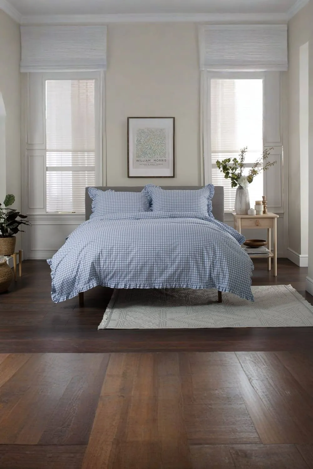 The Lyndon Company Gingham Frilled Cotton Duvet Set Printed with Frill Detailing in Blue