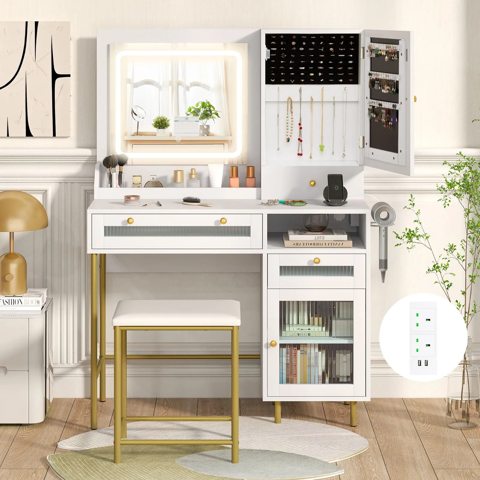 Costway Vanity Set Dressing Table & Chair Set w/3 Lighting Modes & Cabinet in White 3