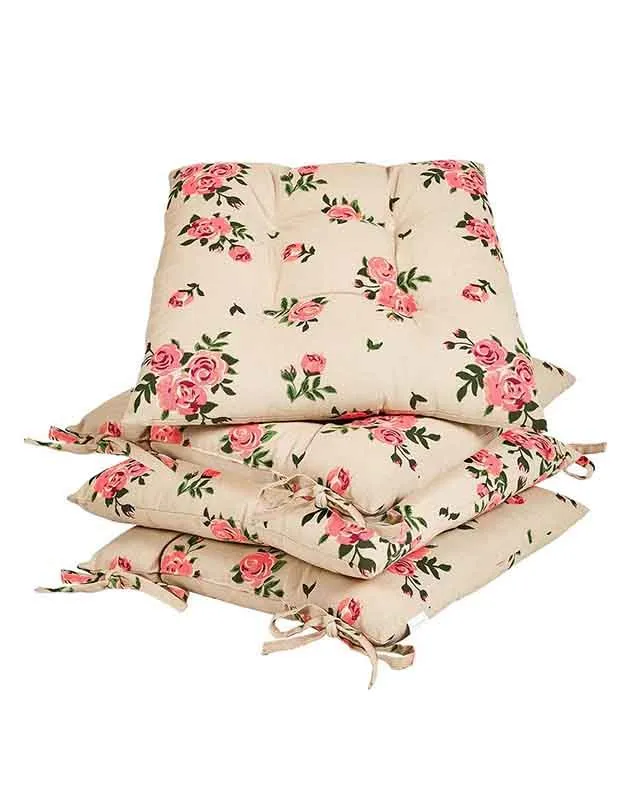 Dibor Set of 4 Vintage Rose Green Summer Outdoor Garden Chair Seat Pad Cushions W40 x L40cm