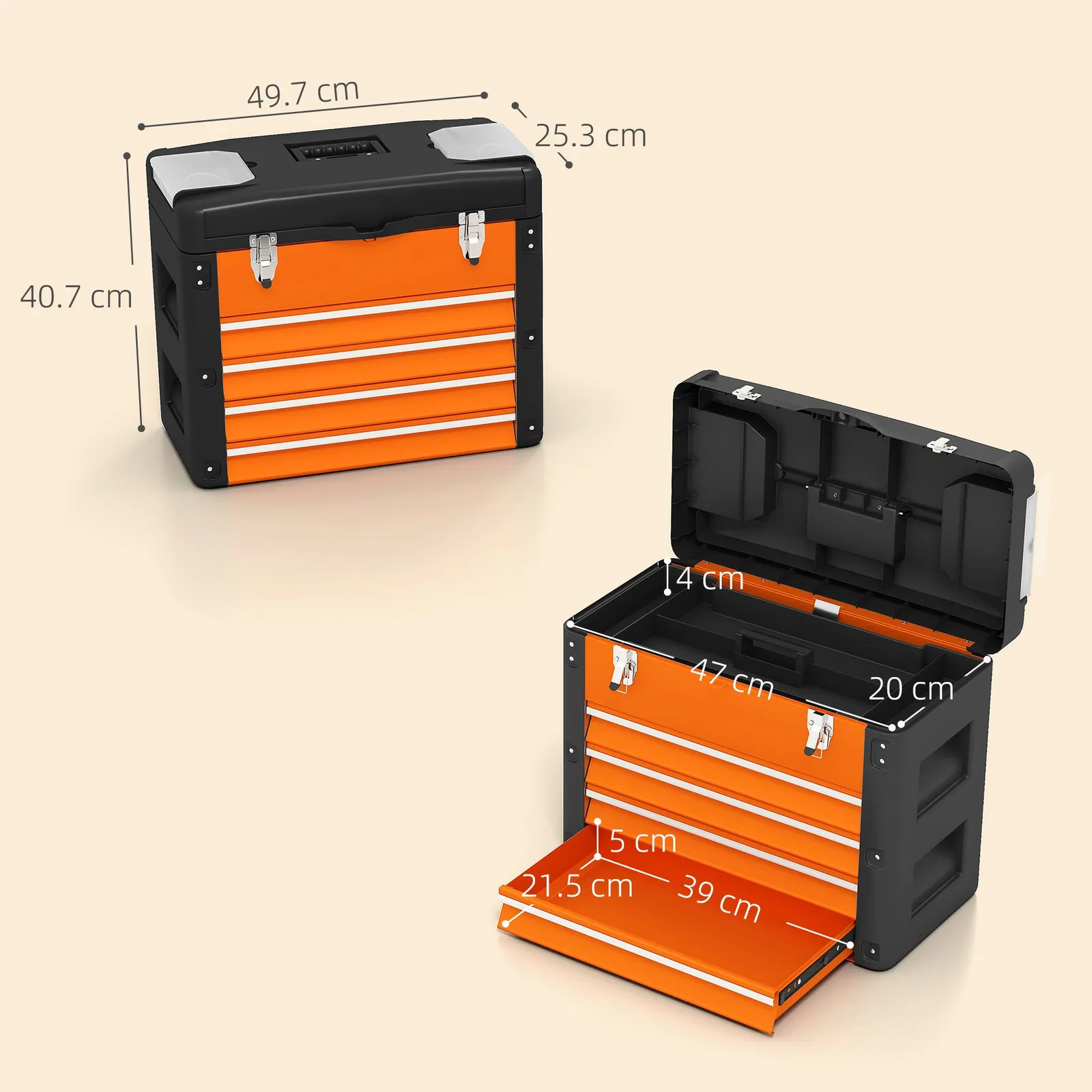 HOMCOM 4 Drawers Large Tool Box, Steel Toolbox with Handle, Orange 3