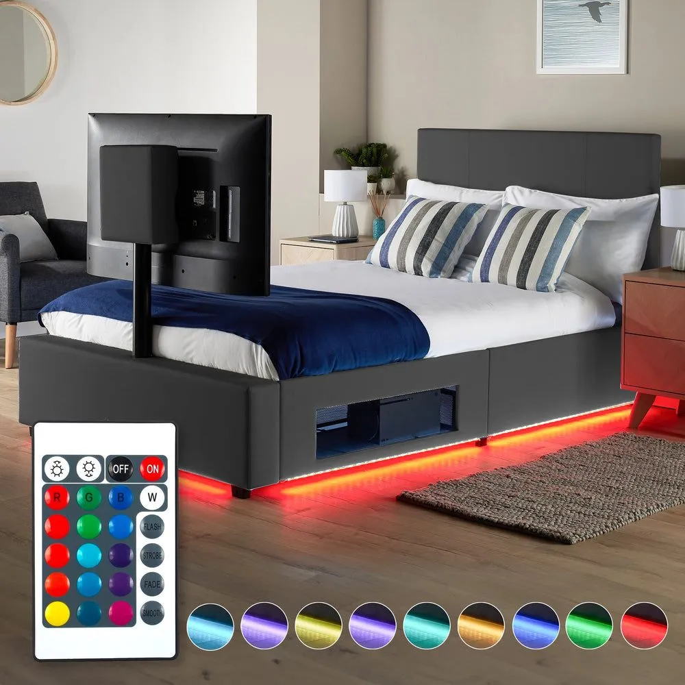 X Rocker AVA Upholstered TV Bed with Underbed Storage & LED Lights in Grey 4