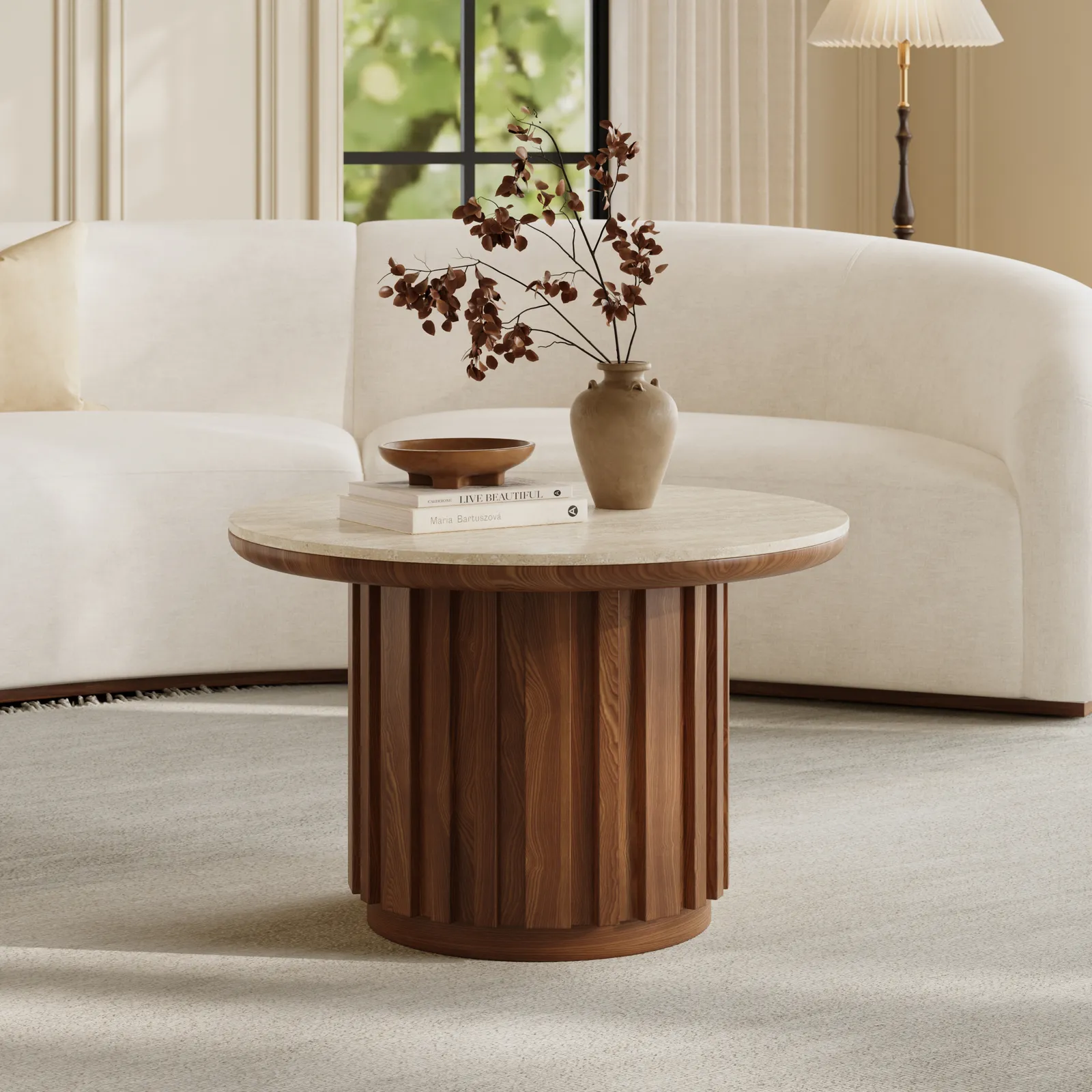 Aura Ash Wood Slatted Round Coffee Table with Sintered Stone Top