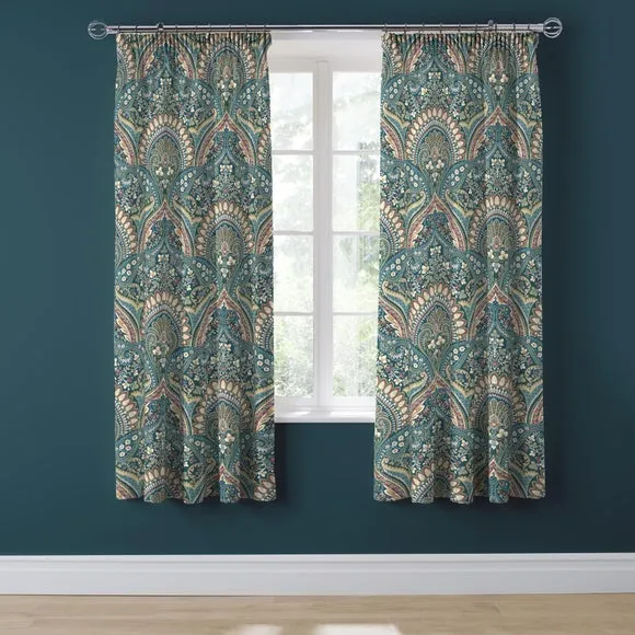 Palais Teal 168 x 183cm Pencil Pleat Curtains With Tie Backs 2