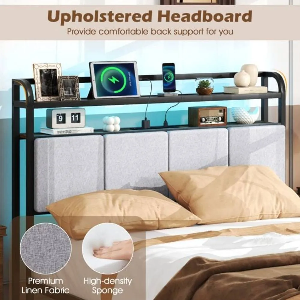 Costway Double Size Bed Frame w/ LED Light & Charging Station-Brown in Brown 5