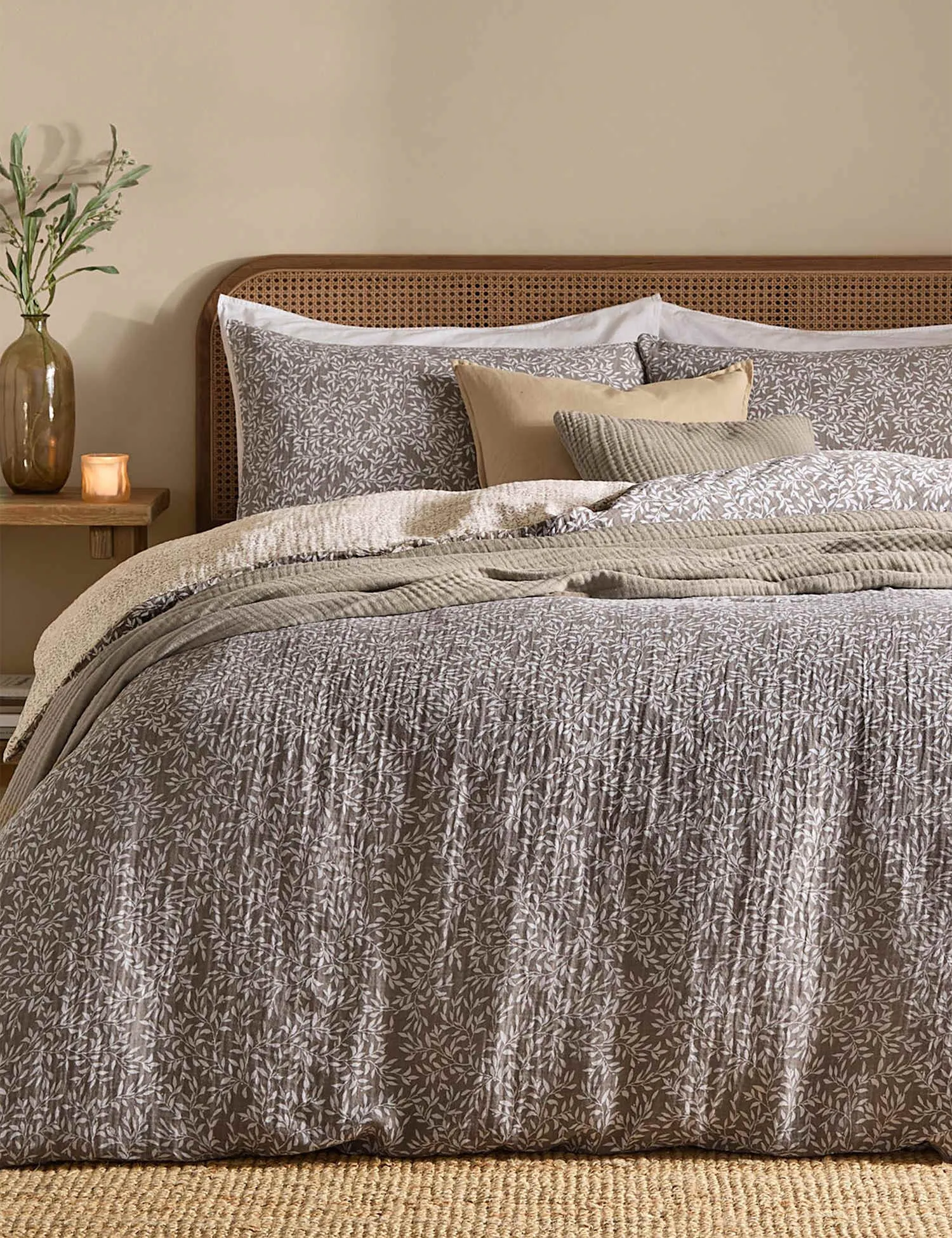 YARD Perrie Leaf Pure Cotton Muslin Bedding Set Grey Mix