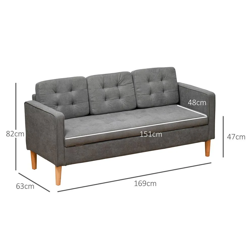 HOMCOM 3 Seater Sofa Button Tufted Fabric Couch Hidden Storage Rubberwood in Grey 3