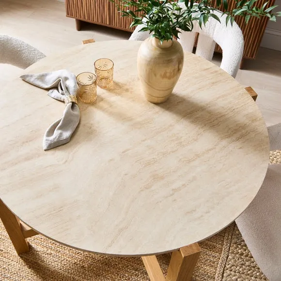 Halton 4 Seater Round Dining Table, Travertine Stone & Oak 4