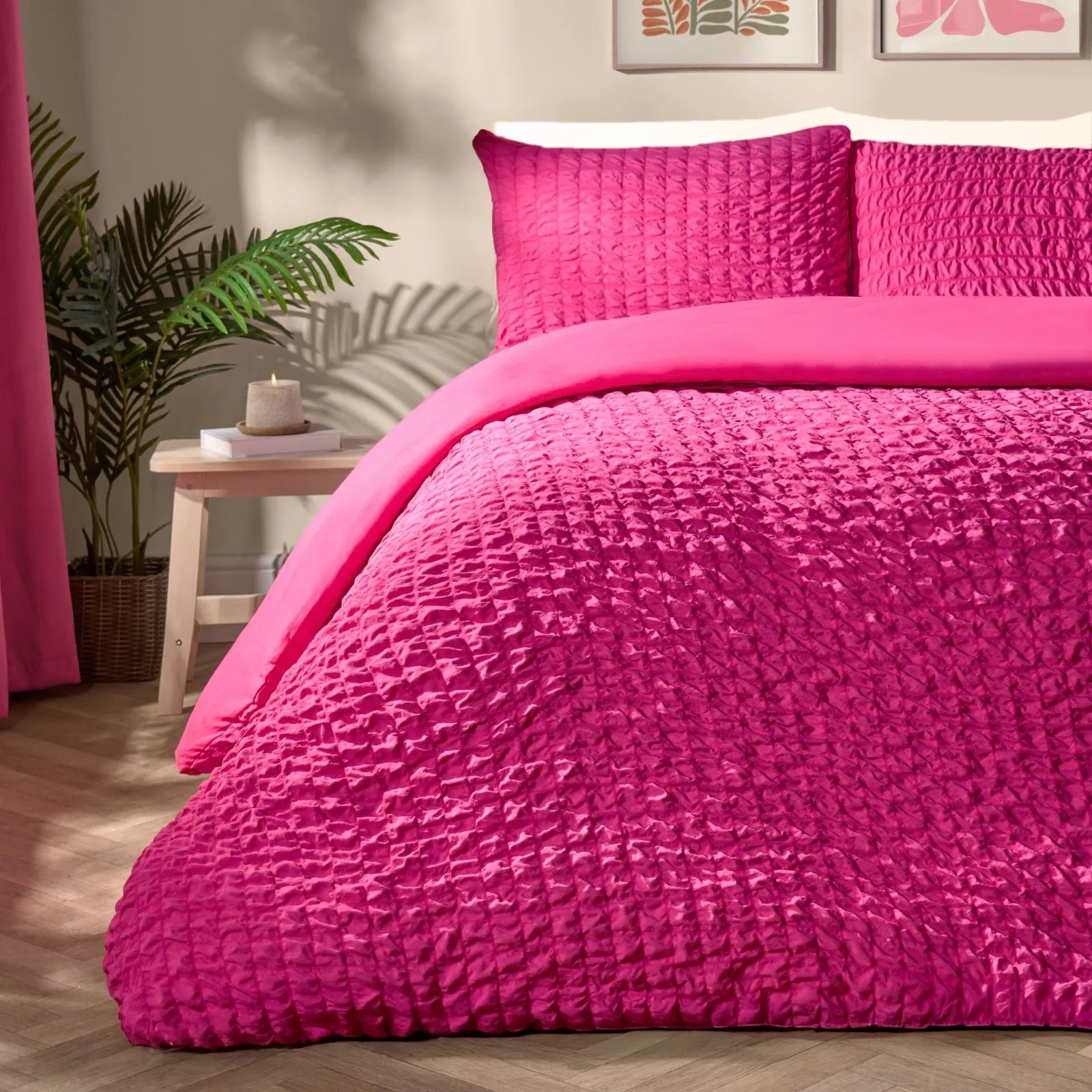 OHS Seersucker Duvet Cover with Pillowcase Bedding in Bright Pink