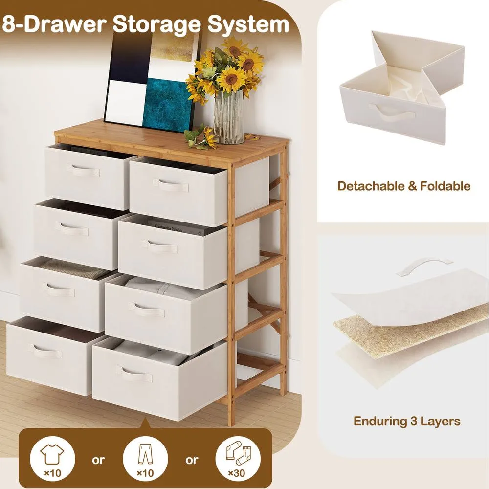 Costway 8-Drawer Dresser Bamboo Storage Tower w/Foldable Fabric Drawers-Beige in Beige 3