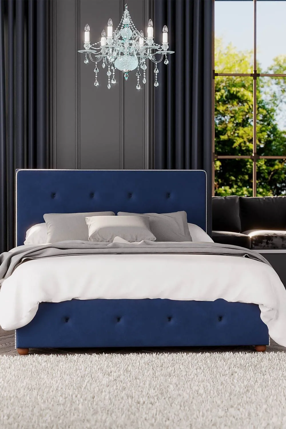 Laurence Llewelyn-Bowen Hesper Ottoman Storage Bed in Plush Velvet Fabric, Custom Made in Navy 2