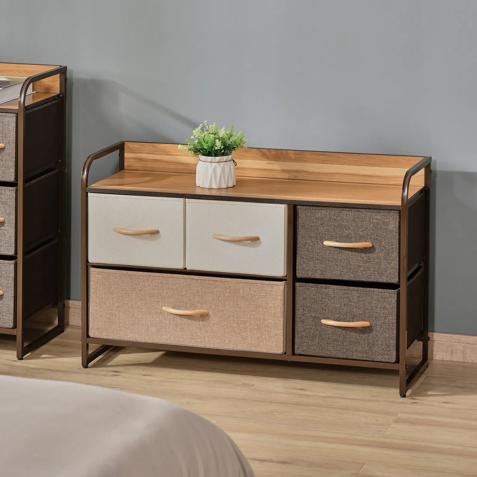 HOMCOM Drawers Storage Tower Dresser with Wood Top Steel Frame Storage in Brown