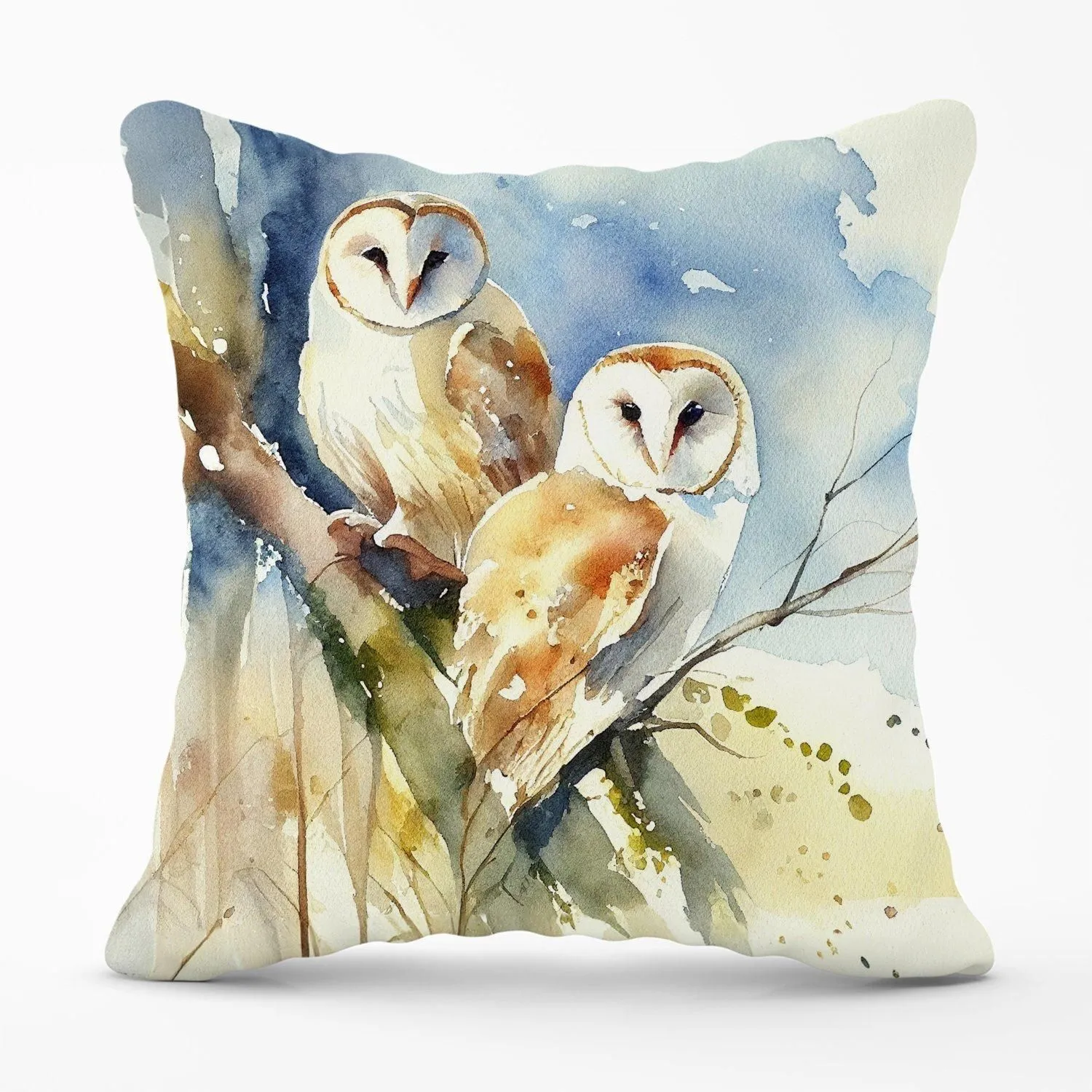 Warren Reed - Designer Barn Owls Watercolour Outdoor Cushion in Brown