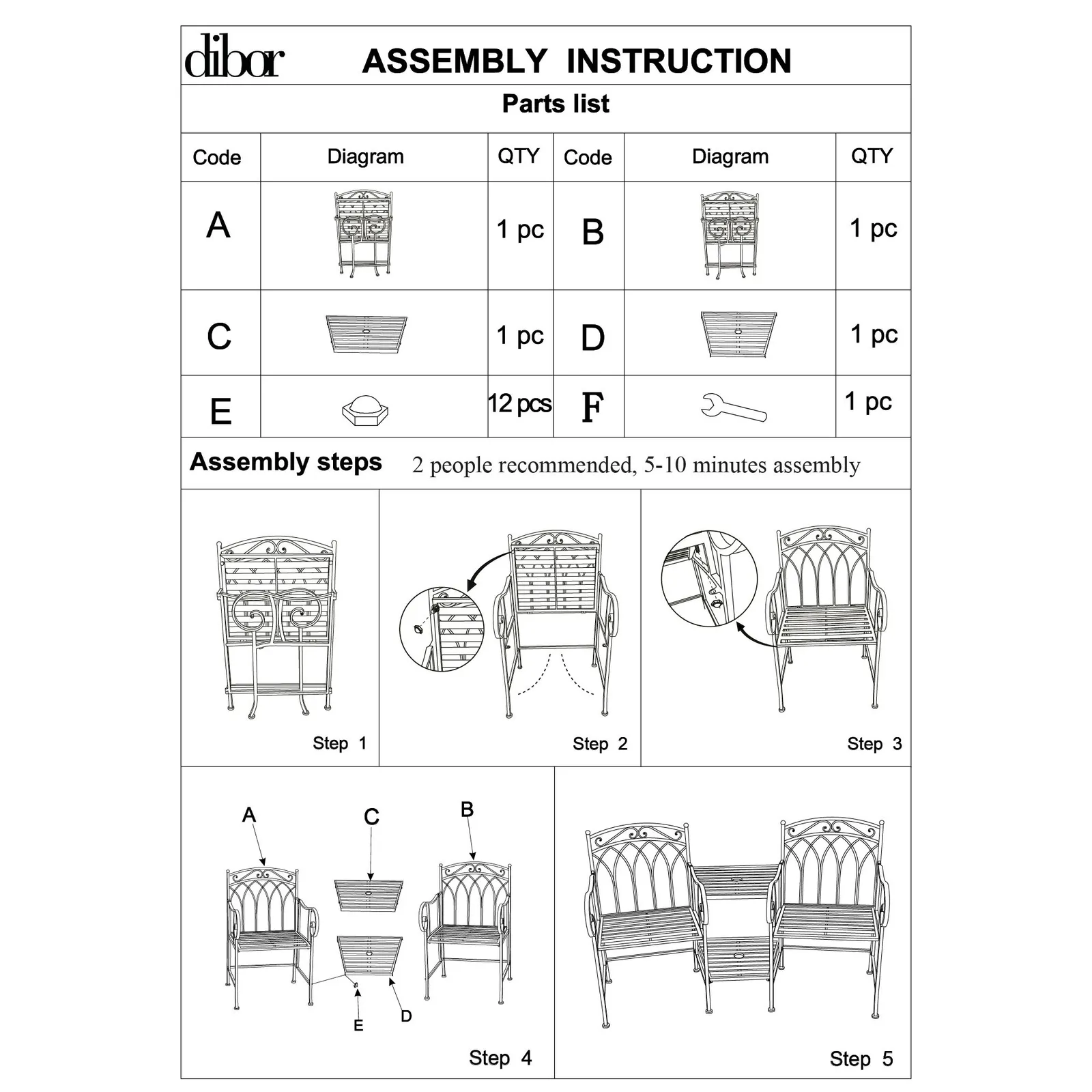 Dibor Vintage Green Iron Arched Indoor Outdoor Garden Furniture Companion Seat Garden Bench 6