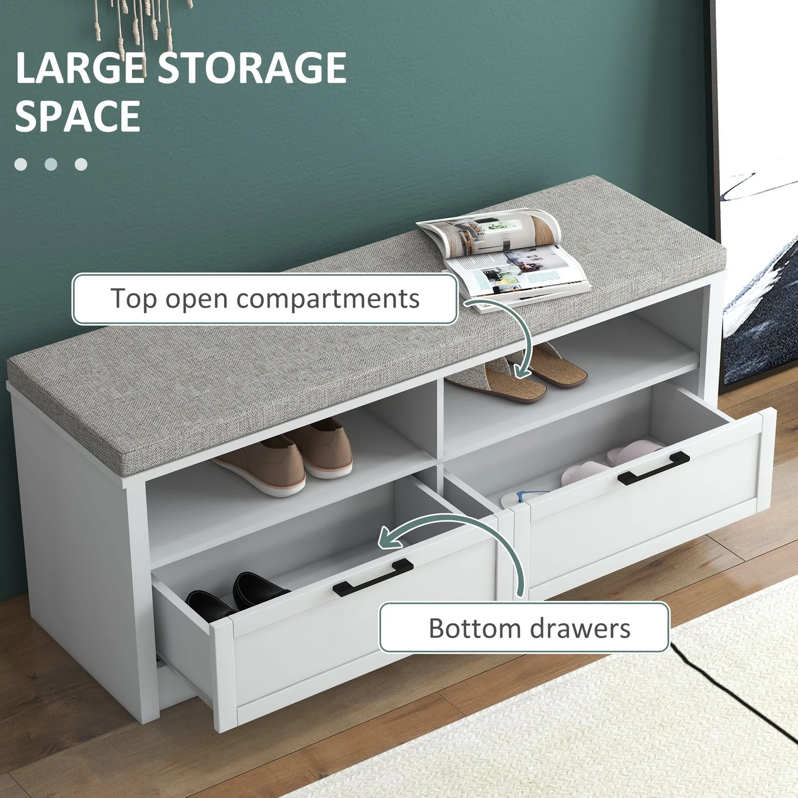 HOMCOM Shoe Storage Bench with Removable Cushion Open Compartment & Drawer in White 4