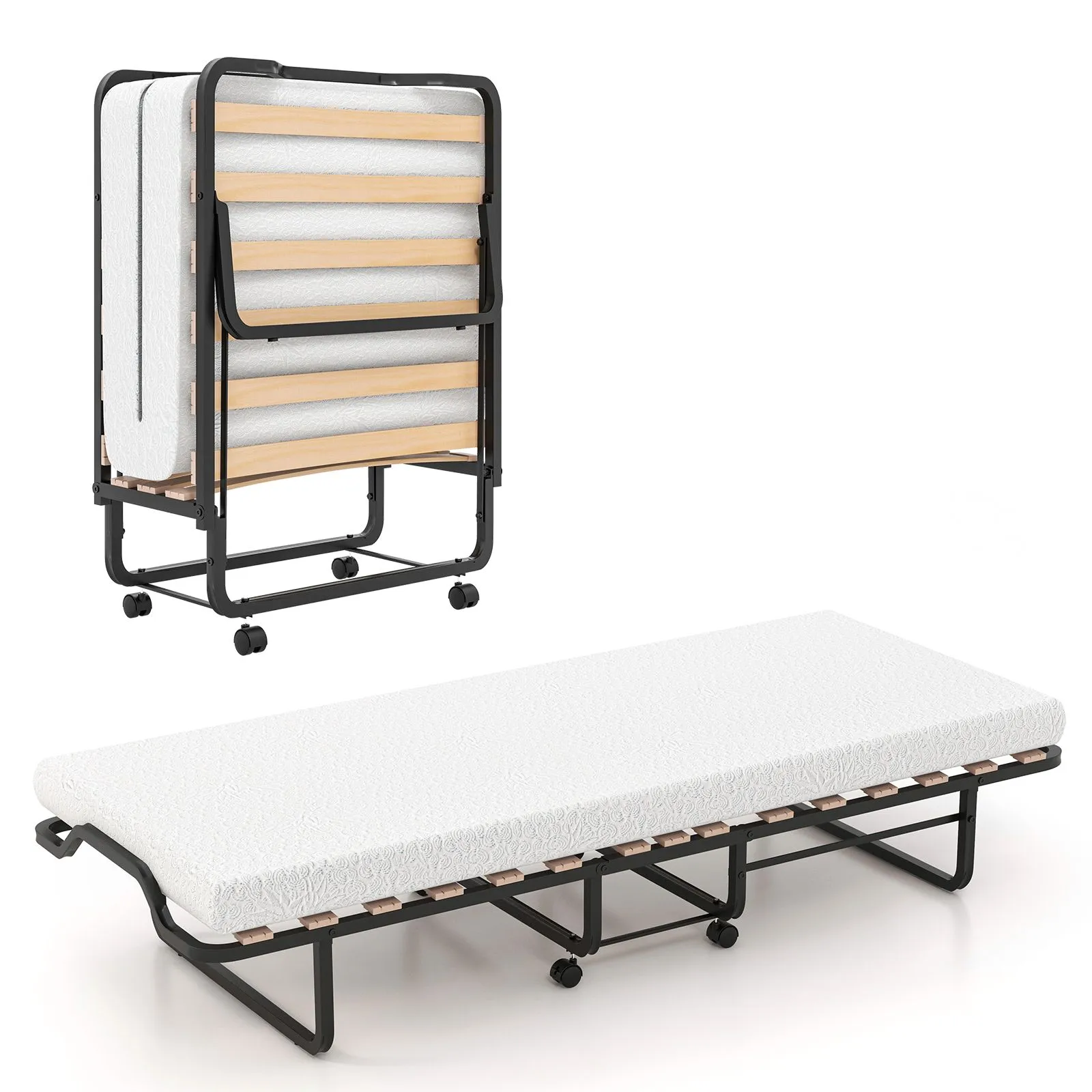 Costway Folding Bed w/ Mattress Portable Foldable Guest Bed Portable Rollaway Bed in White