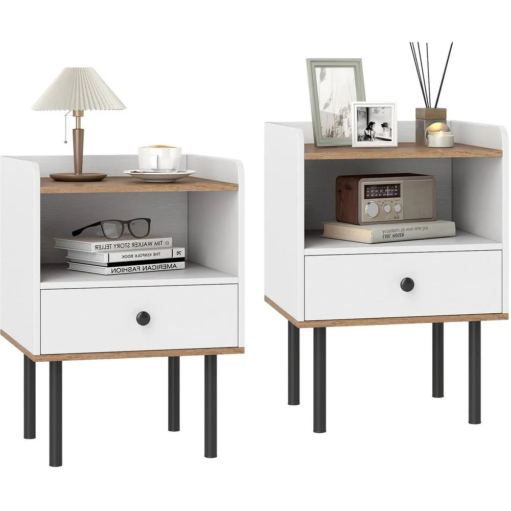 Costway 2 Pcs Nightstand Bedside Table with Drawer & Open Storage Shelf-White in White